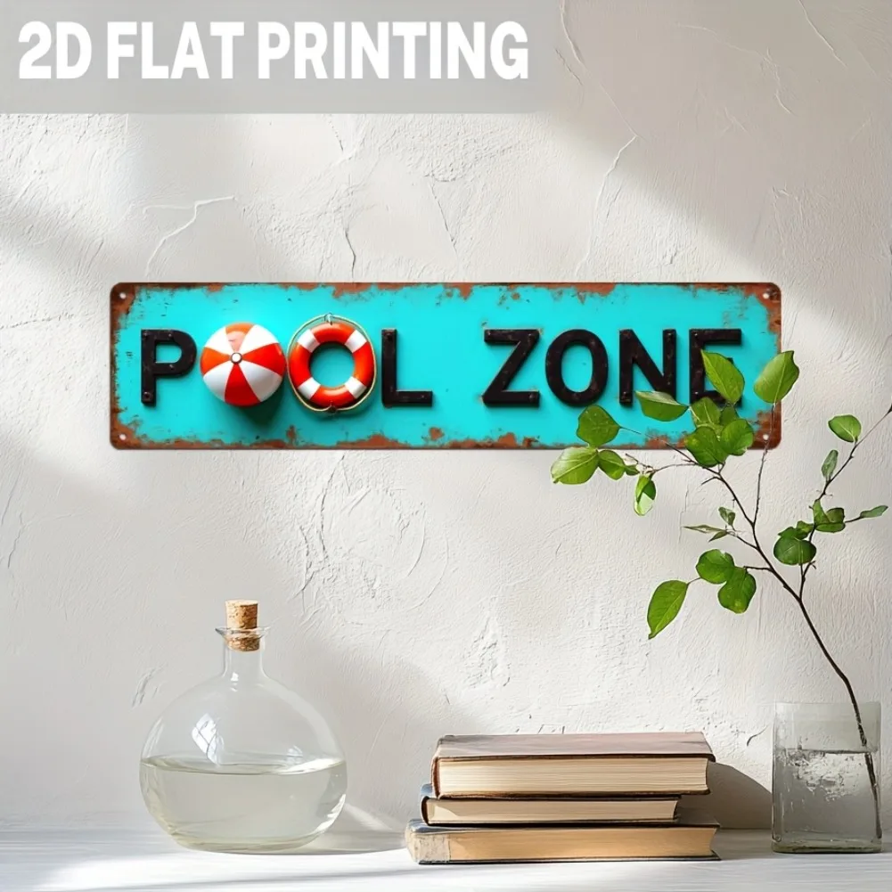 ديكور حائط معدني مسطح ثنائي الأبعاد لمنطقة حمام السباحة العتيقة - قطعة واحدة بتصميم حلقة الحياة الفيروزية والأحمر مقاس 15.74 × 3.93 بوصة، ديكور بحري لجانب حمام السباحة