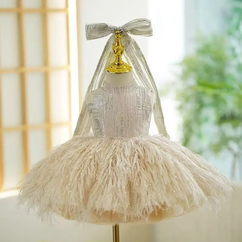 New Sleeveless Wedding Party Gowns for Baby Champagne Flower Girl Dresses with Sequined Feather Dress