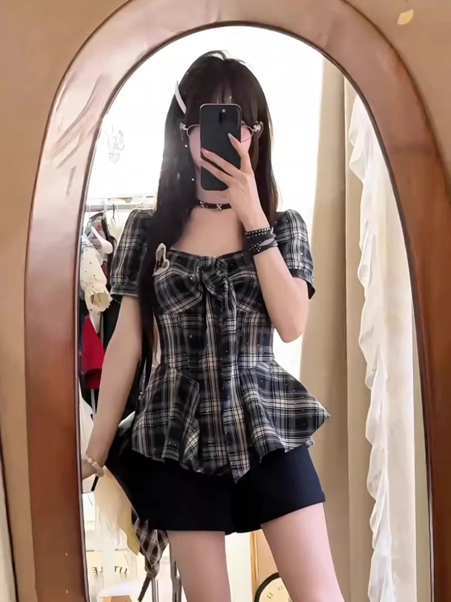 Korean Retro Plaid Shirt And Shorts Set Women's Summer Fashion Slimming Top Square Collar Short Sleeve High Waist Breathable