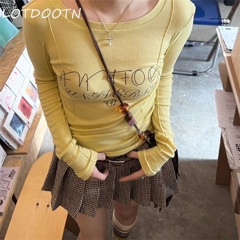 

LOTDOOTN Y2k Aesthetics Yellow T-shirt 2000s Japanese Harajuku Tees Shirt Grunge Letter Print Long Sleeve Tops E-girl Streetwear