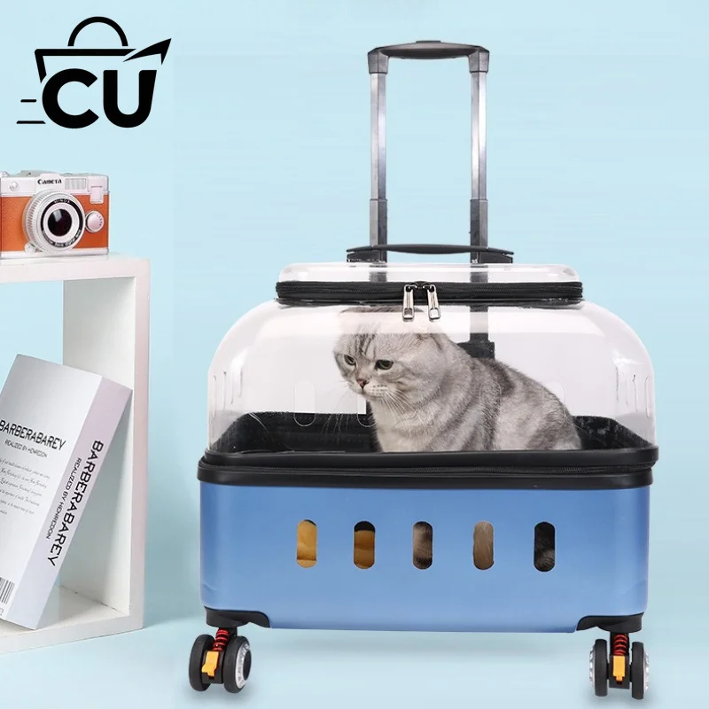 Transparent Pet Carrier Backpack Portable Dog Trolley Case Comfortable Breathable Cat Travel Cage Trendy Flight Case with Wheels