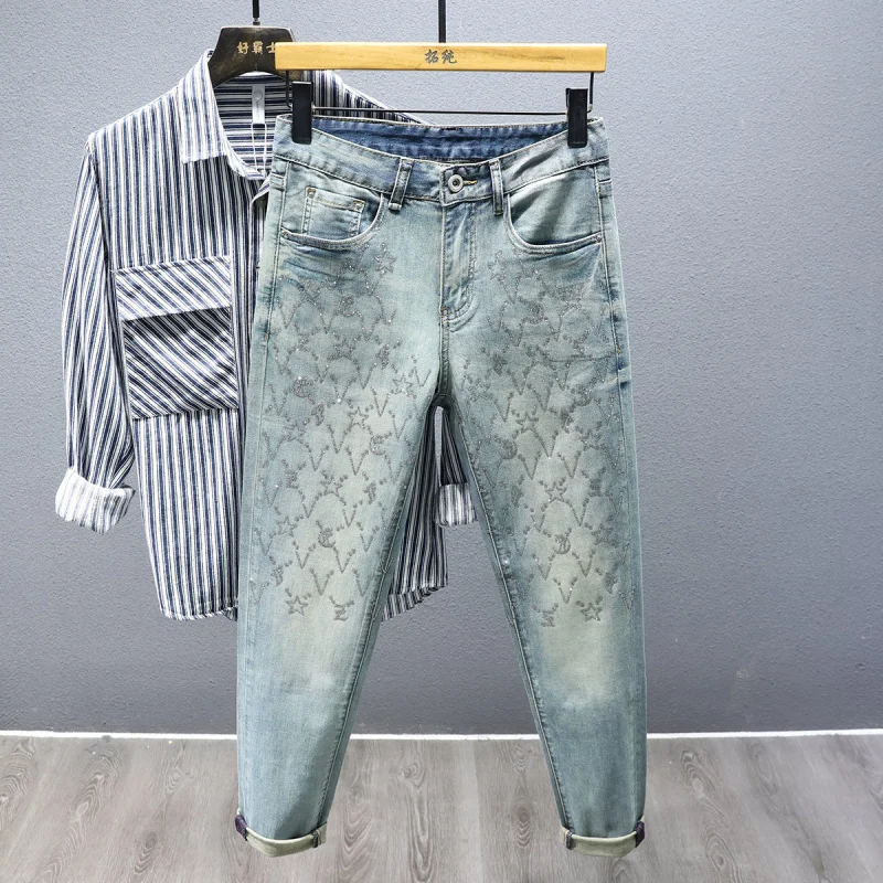 2025 Spring Summer Fashion High-end Rhinestone Print Design Light Luxury Jeans Men Slim Fit Stretch Versatile Skinny Pants