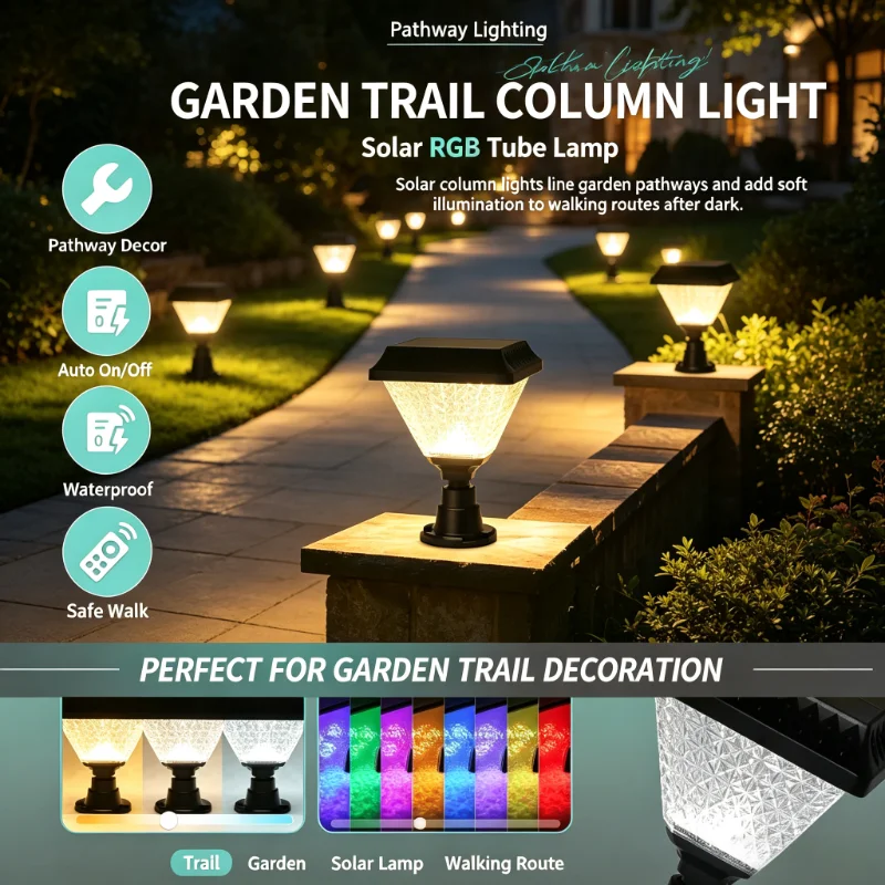 Remote Control Solar Light, RGB LED Post Fixture with Geometric Lens for Courtyard Columns, Garden Gates and Yard Decor