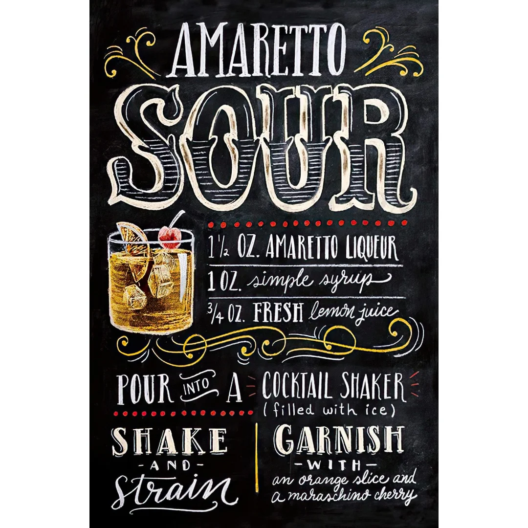 Cartel de arte de pared de letrero de metal de estaño de receta de cóctel azedo de Amaretto de diseño original negro, carteles de decoración de pared de hojalata gruesa para hombres