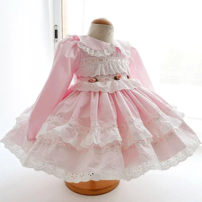 

Autumn Spring Childrens Spanish Lolita Princess Ball Gown Floral Pink Birthday Gauze Party Lace Dresses Girls Easter Eid Clothin