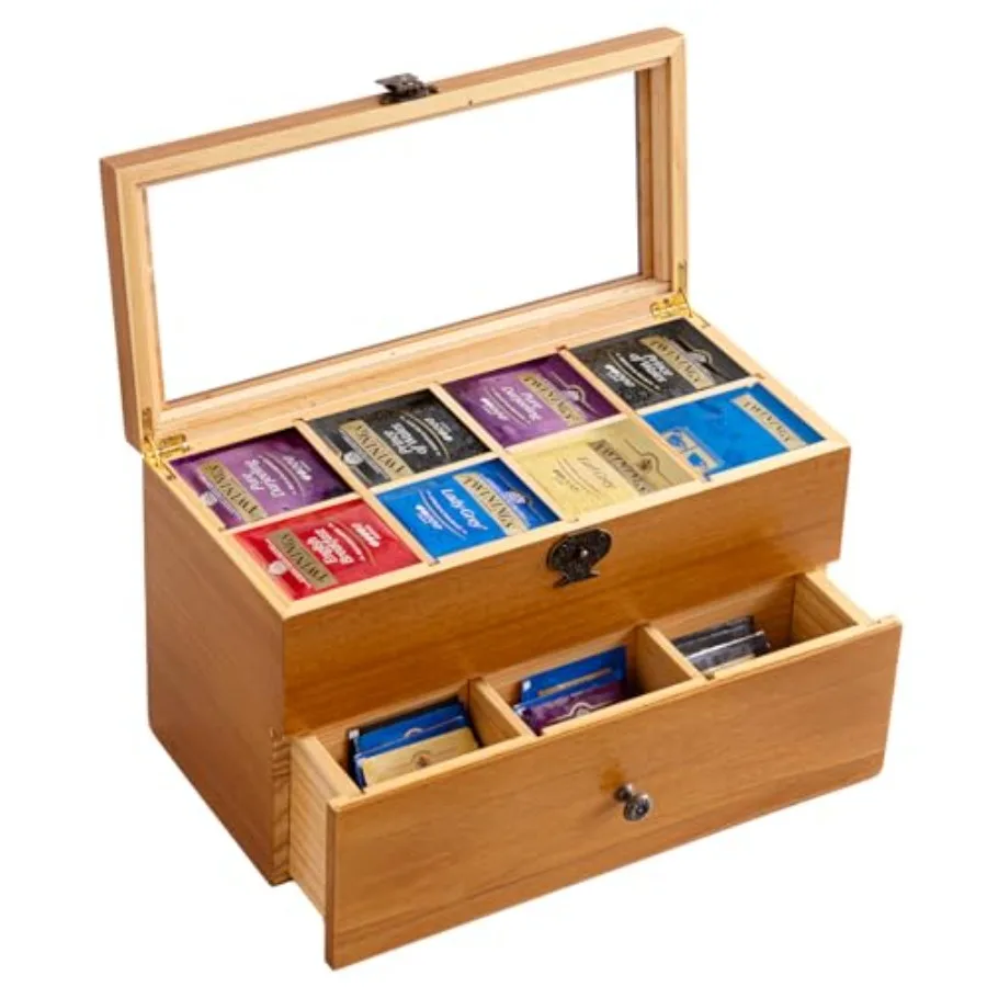 

Wood Tea Bag Organizer, Storage Box with Clear Acrylic Window, 2-layer 14 Compartments Large Capacity Tea Bag Holders, Gift Ide