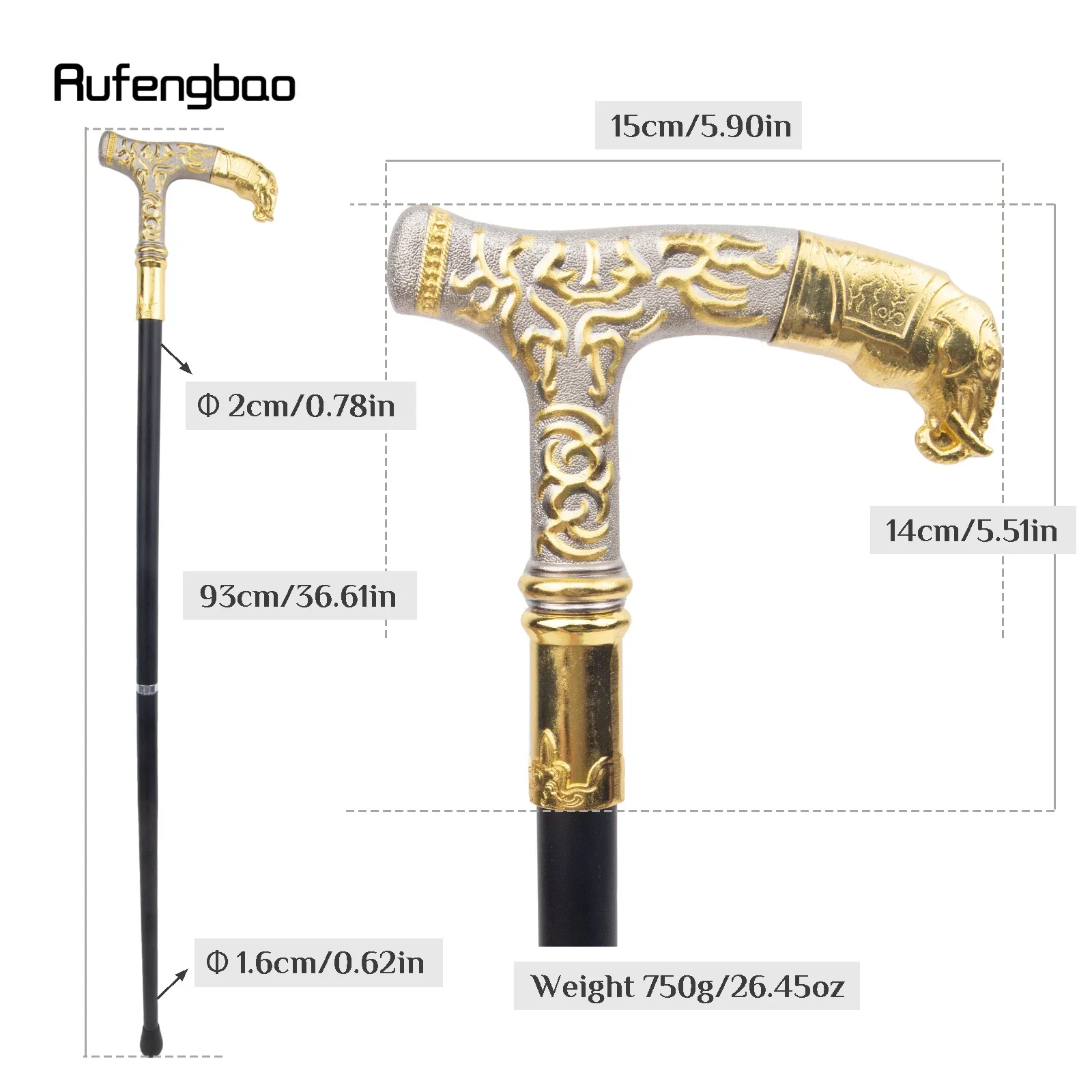 Goldener weißer Elefantengriff, luxuriöses Muster, Gehstock, Party, modisch, eleganter Gehstock, dekorativer Gehstockknopf, Crosier, 93 cm