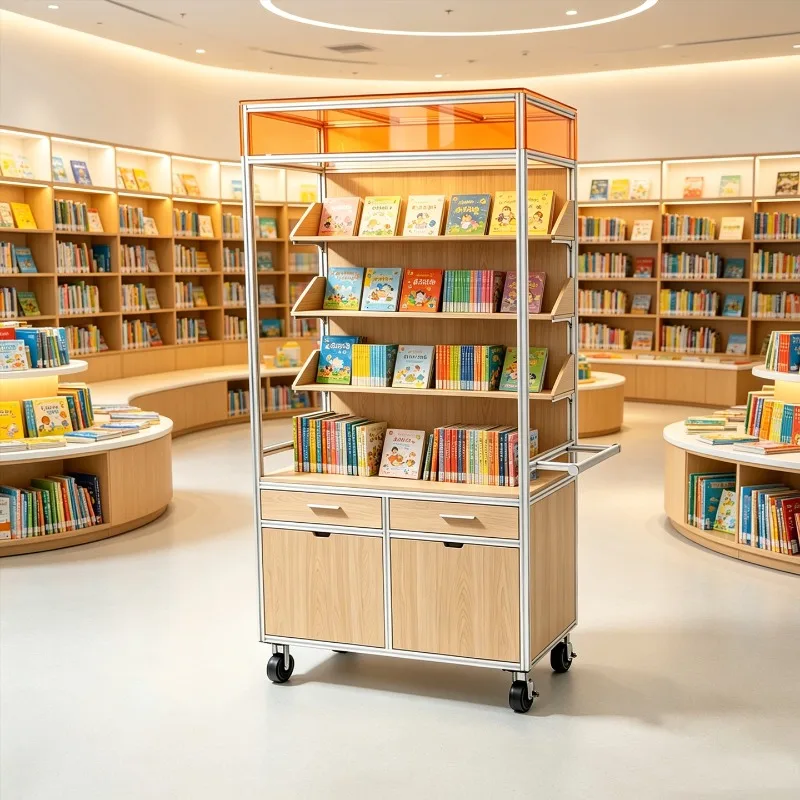 ZS-3 Aluminum Profile Bookshelf Multi-layer Display Cabinet with Wheel Movable Library Adjustable Shelf