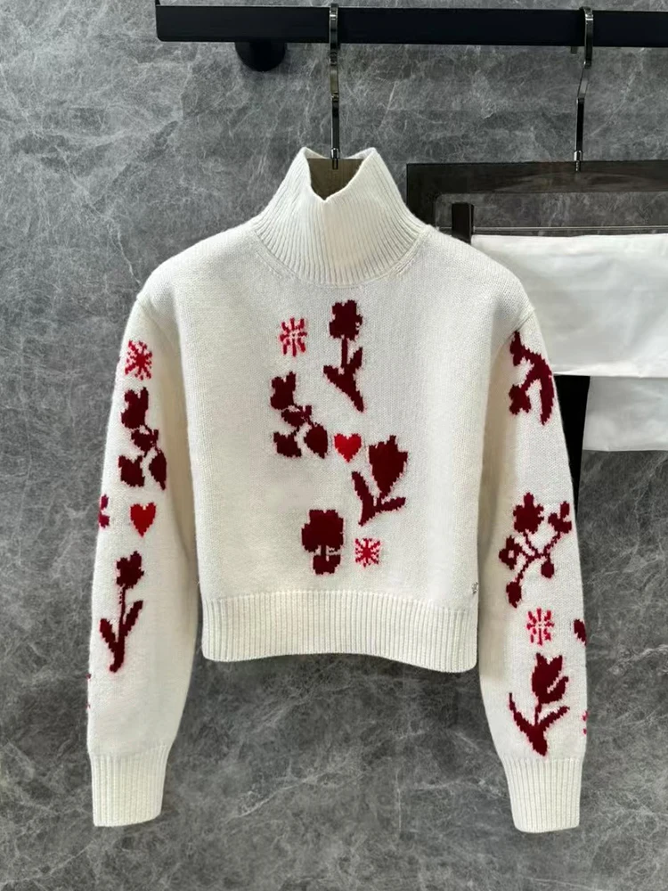 Designer vintage jacquard turtleneck woolen Jumper for Winter 2024 Women's new fashion all-in-one straight tube knit sweater