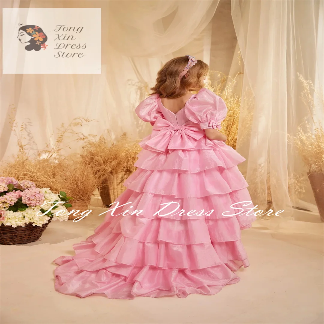 Customized Princess Flower Girl Dresses For Wedding With Bows Layered High-Low Length Kids Birthday Baby First Communion Gowns