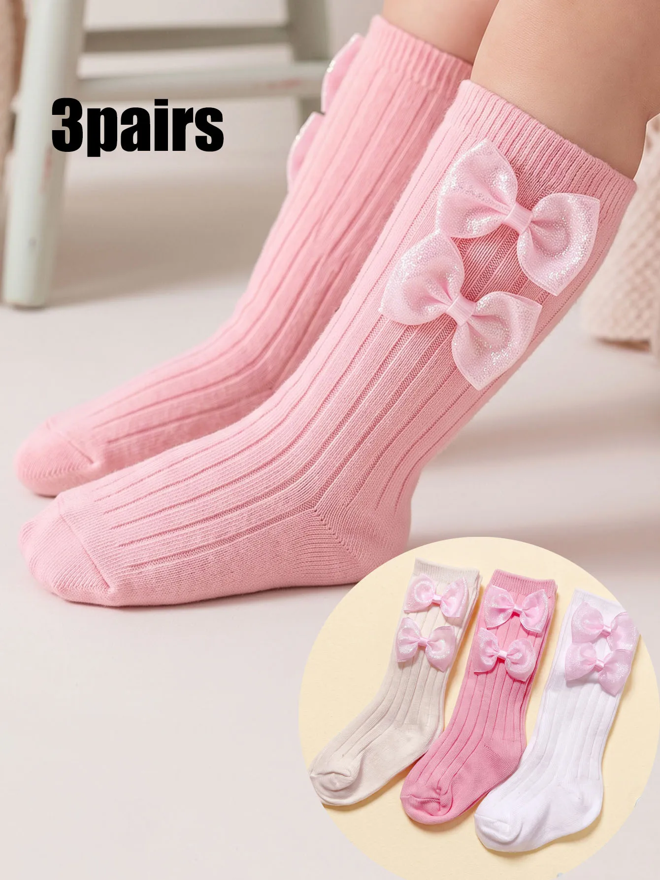 3Pairs 3‑24M Kids Double Bow Mid Calf Crew Socks Set, Unisex Boys Girls Multi‑Color Cotton Socks for All‑Season Daily Wear