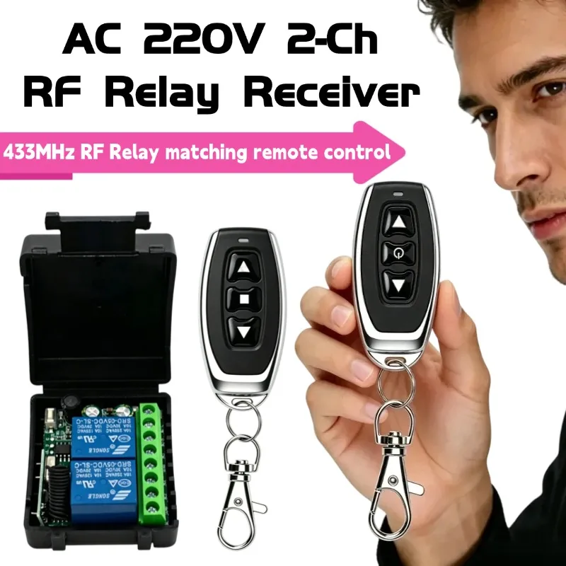 AC 110V 220V RF 433Mhz 2-Channel Relay Wireless Remote Control Switch + 3-Keys Remote Controls for Garage Door Lighting Curtains