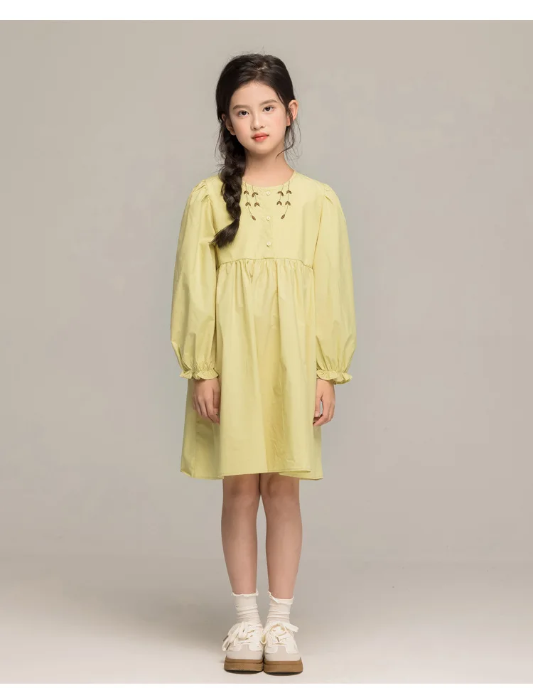 الكورية الخريف الاطفال الفتيات فستان الأميرة جديد التطريز الجولة الرقبة طفل الفتيات فستان طويل الأكمام الأطفال الفتيات فستان من قطعة واحدة