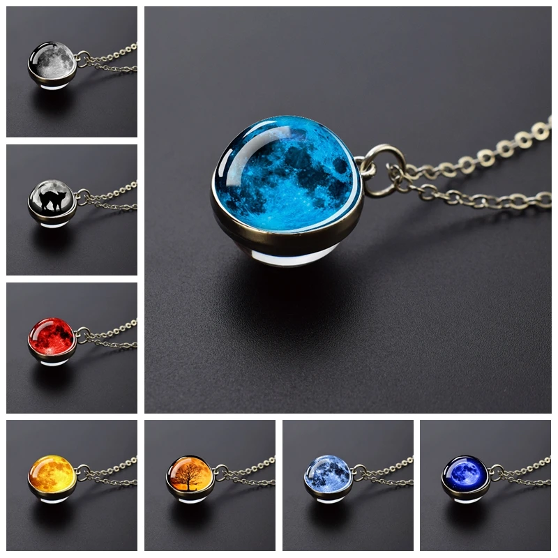 Full Moon Glass Ball Necklace Space Jewelry Double Side Moon Pendant Long Chain Necklace