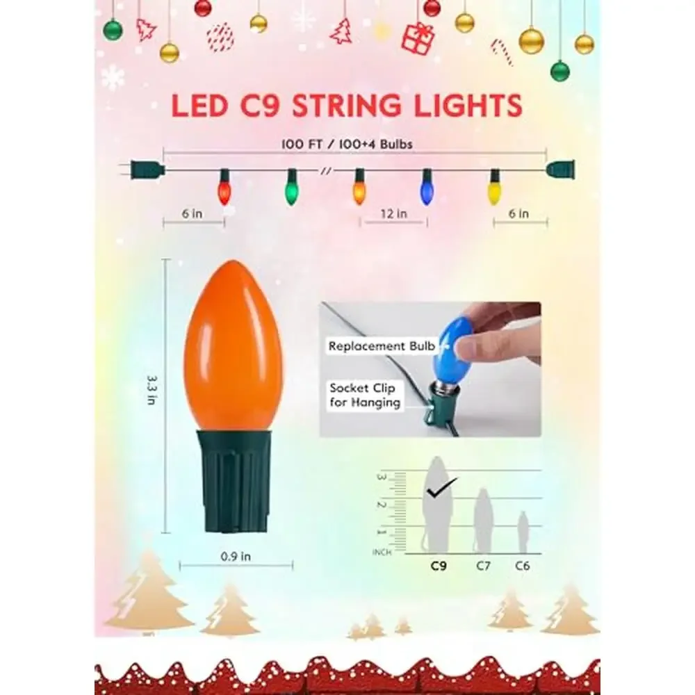 ไฟ LED String C9 กันน้ําสไตล์วินเทจ 100 ฟุตพร้อมหลอดไฟกันกระแทกเชื่อมต่อไฟคริสต์มาสกลางแจ้งหลากสีเชิงพาณิชย์