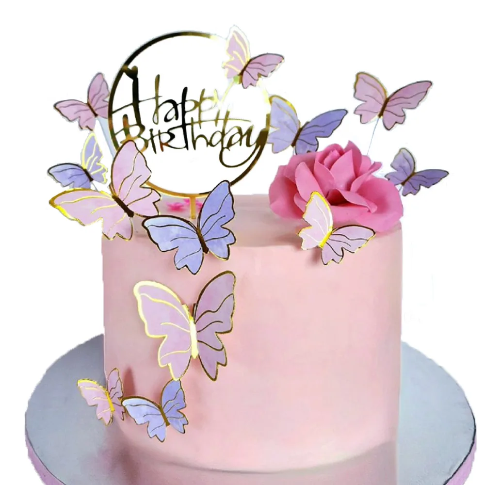 Pink Purple Butterfly Cake Toppers Happy Birthday Purple Pink Butterfly Cake Decoration for irthday Wedding Cake Decor Favors