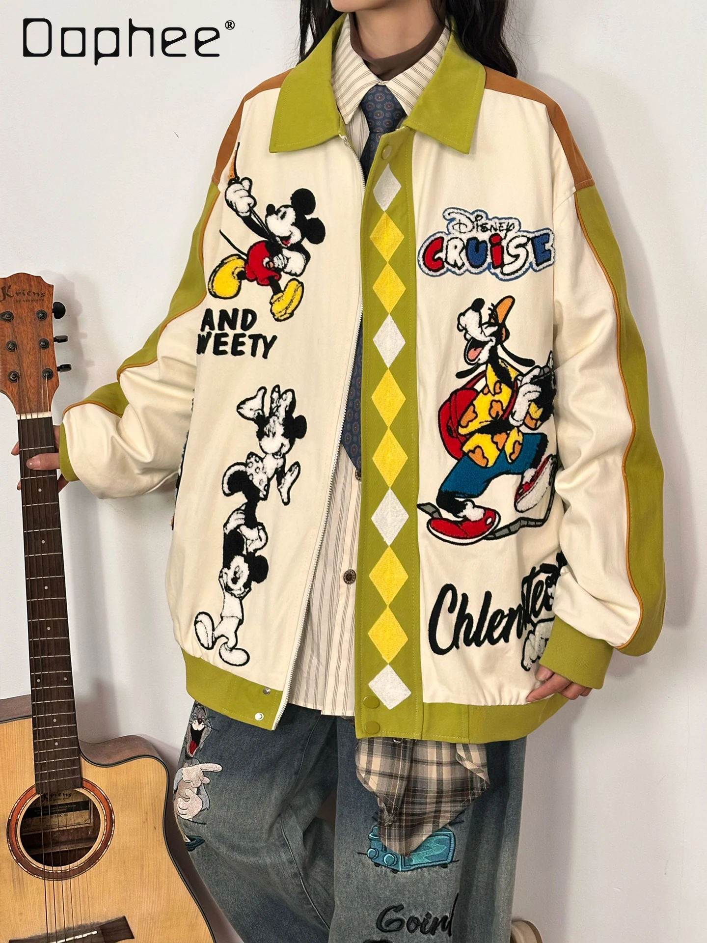

American Retro Cartoon Embroidery Color-Block Turn-Down Collar Jacket for Women Autumn Winter Loose Casual Long Sleeve Top