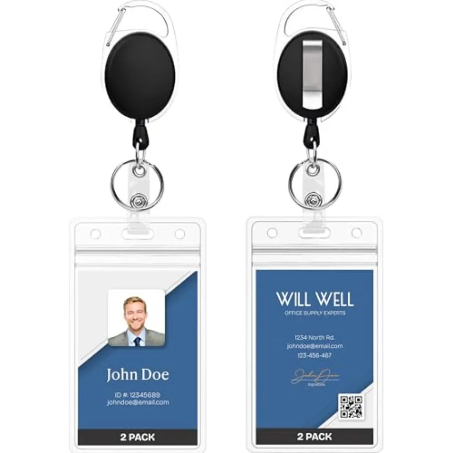 

ID Badge Holders with Clip and Keyring - Vertical Clear Plastic 2.52" x 3.58" Sleeves Fit Up to 3 Cards - Retractable 24" UHMWP