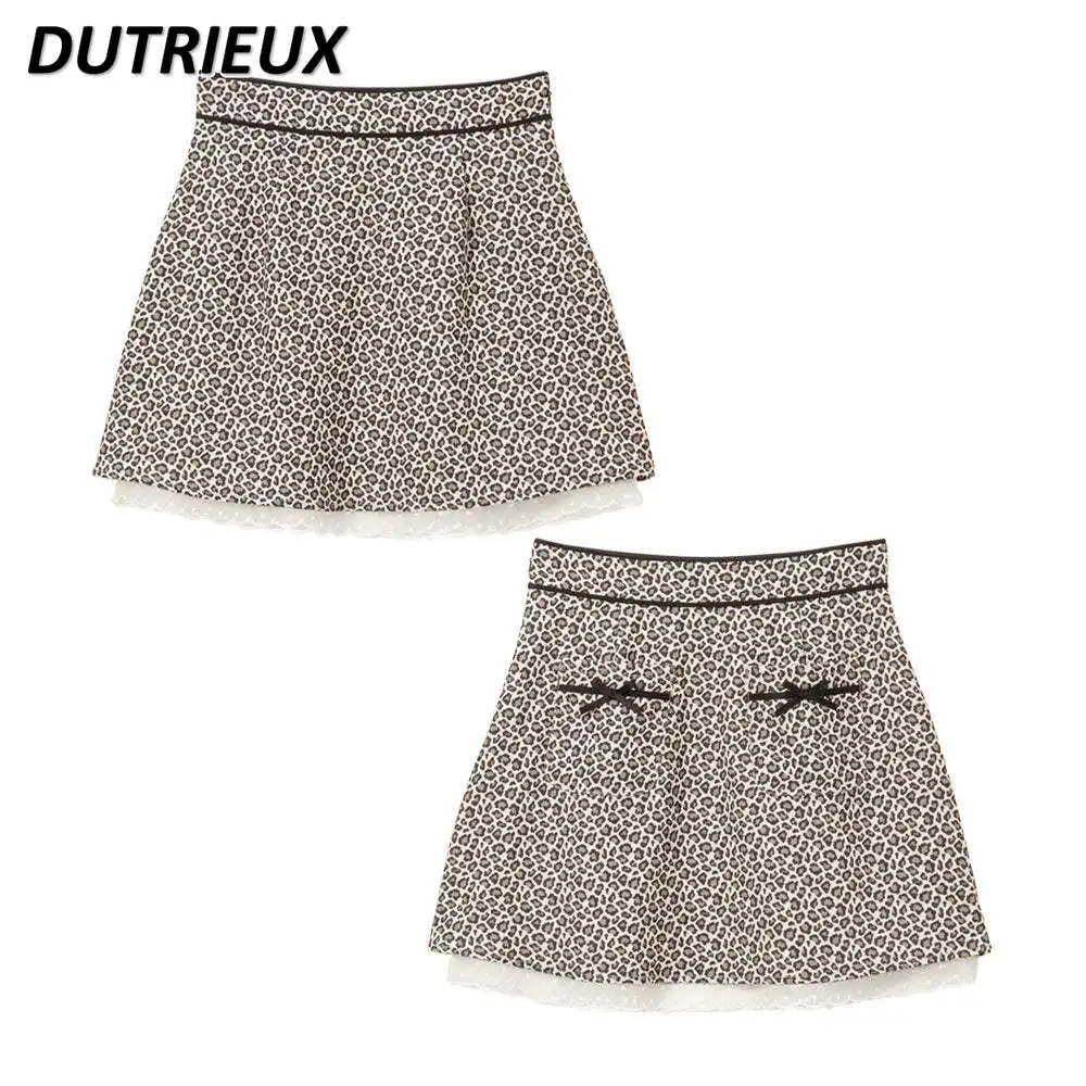 Summer Women's Skirts 2024 New Japanese Style Sweet Leopard Print Lace Edge Bow Cute Lady Casual High Waist Skirt Female