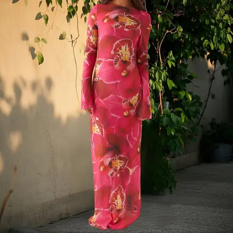 Lamuusaa Floral Print Long Dress y2k Women Clothes Boat Neck Long Sleeve Mesh Dress Summer Beach Party Dresses Clubwear