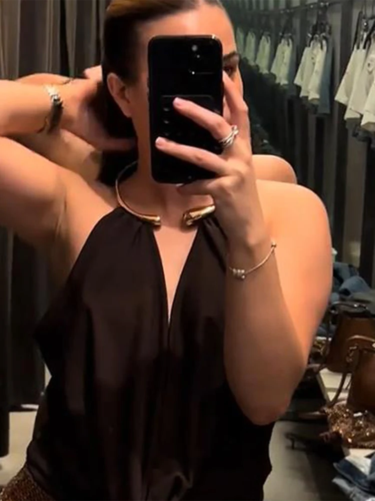 Golden Jewelry Necklace Jumpsuit Lady Circular Hanging Neck Deep V Collar Sexy Backless Slimming Bodysuit Women Siamese Summer