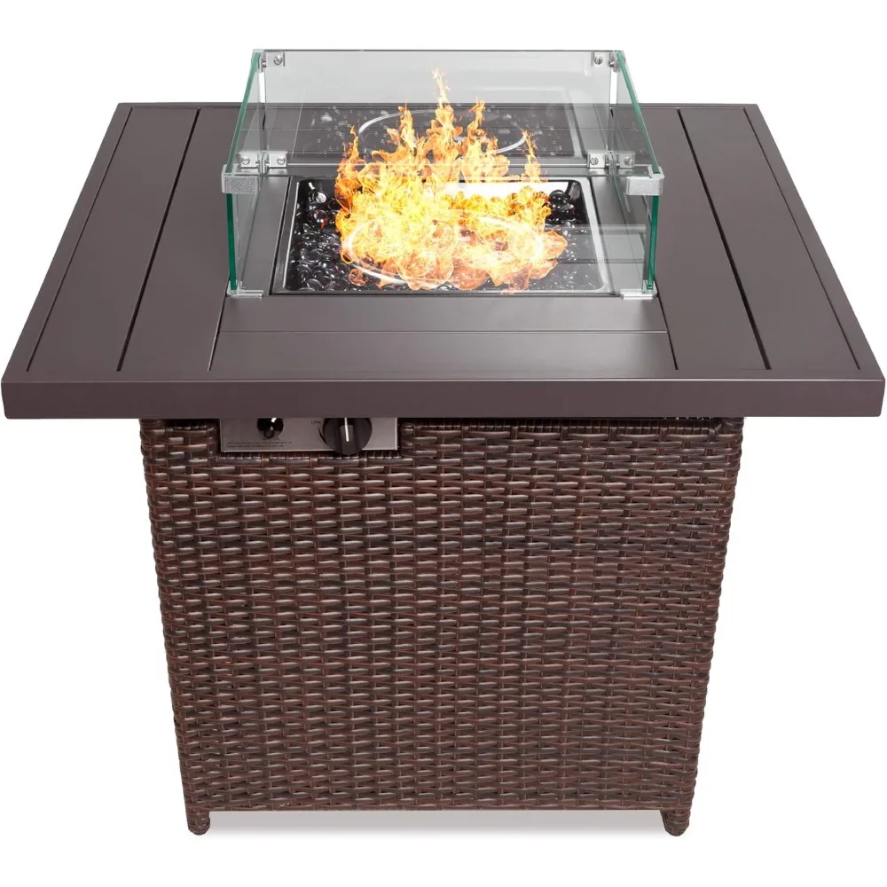 32in Fire Pit Table 50,000 BTU Outdoor Wicker Patio Propane Gas W/Glass Wind Guard, Aluminum Tabletop, Glass Rocks, Tank Storage