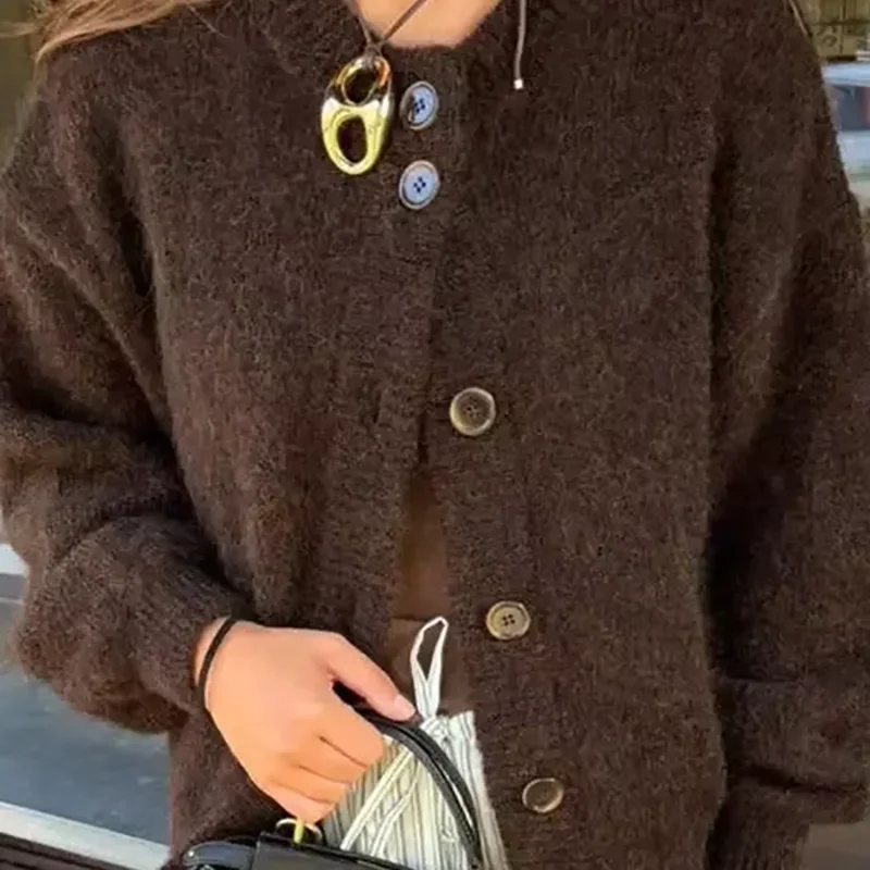 

Женская вязаная куртка на пуговицах, коричневая вязаная куртка Майяра с круглым вырезом и длинными рукавами, модное элегантное пальто