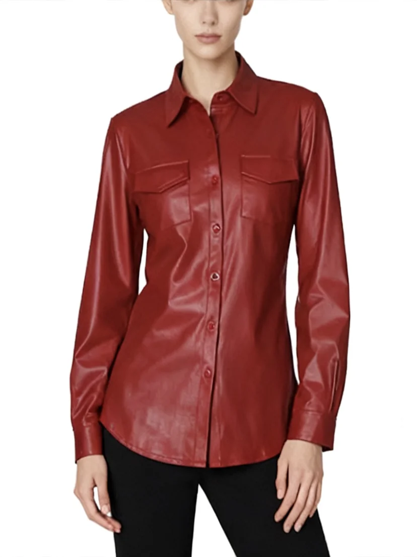 Femmes longue Sve PU cuir irt Jaet confortable coupe ample Faionable décontracté Sle avec poitrine ket tissu Polyester