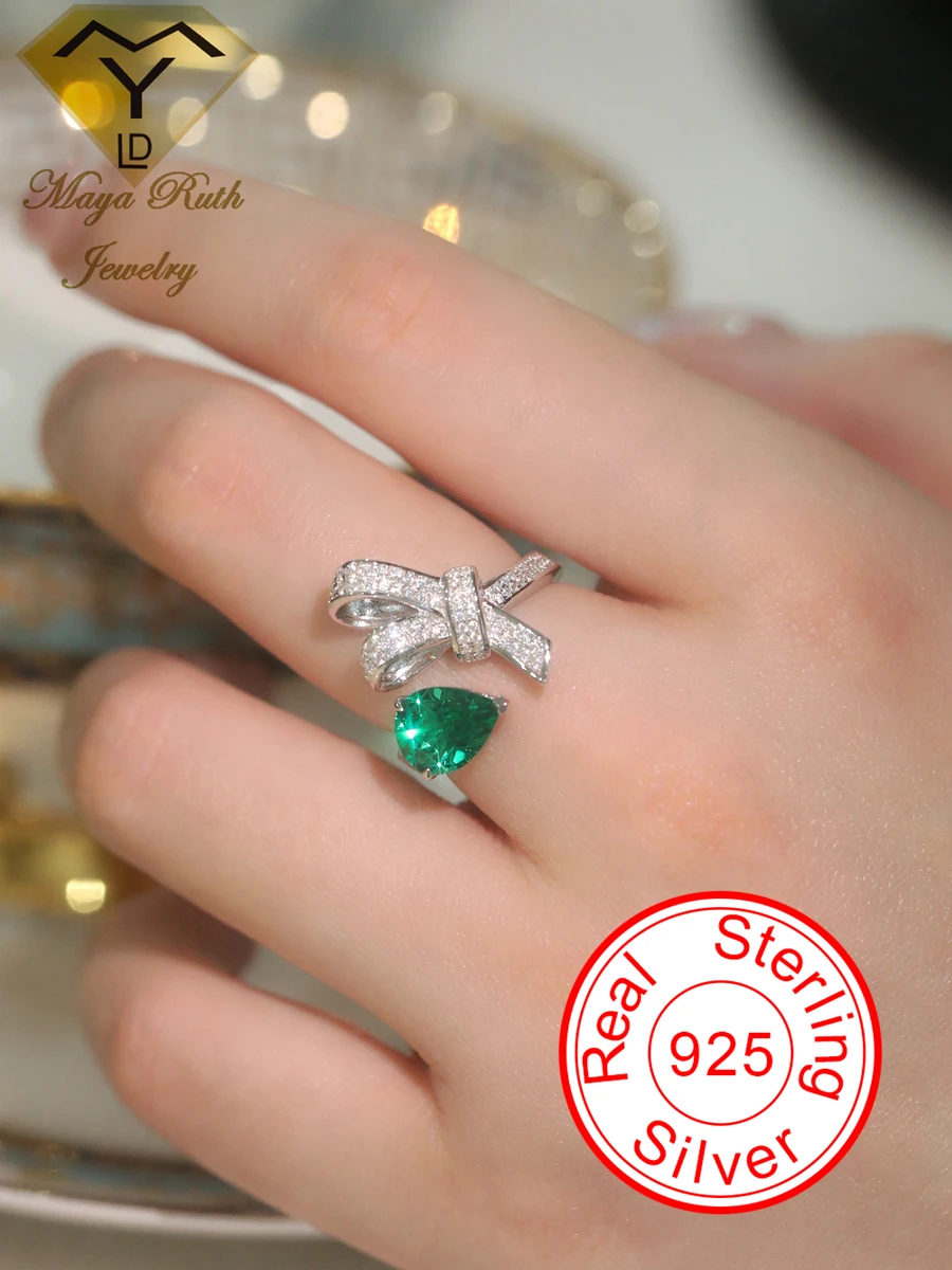 

Created Emerald Gemstone Special Vintage Cocktail Ring 925 Sterling Silver Party for Women Gifts Bowknot Teardrop Pear Shape New