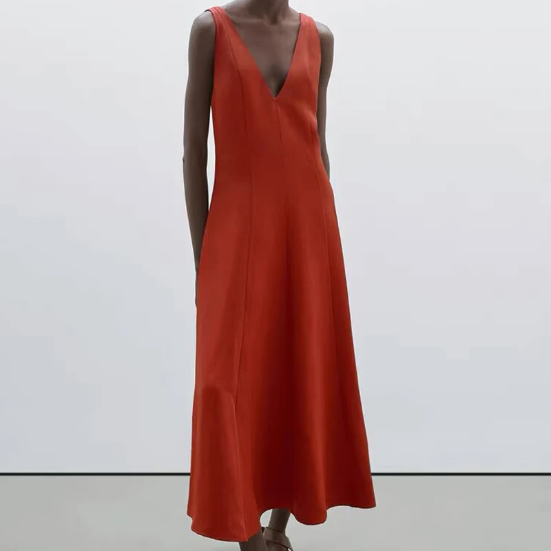 YENKYE 2025 النمط الفرنسي الكتان فستان طويل المرأة مثير عارية الذراعين الخامس الرقبة واسعة الأشرطة ألف خط فساتين الصيف عادية ماكسي فيستدوس #5