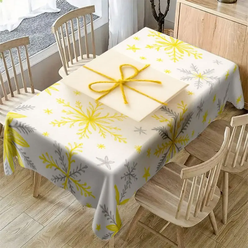 Winter Snow Tablecloth, Off White Snowflake Pattern Waterproof Rectangular Table Cover, Washable for Living Room Desk Decor