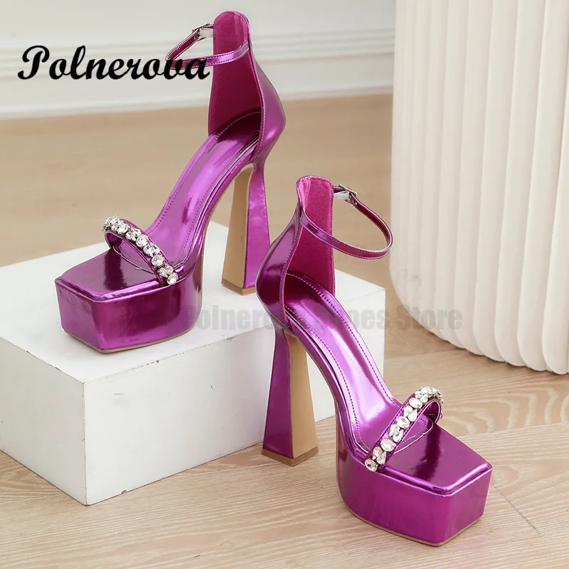 

Sexy Rhinester Chunky Heel Platform Sandals for Women Buckle 15Cm Sky High Sandals Female Model Catwalk Bag Heel Heels Shoes