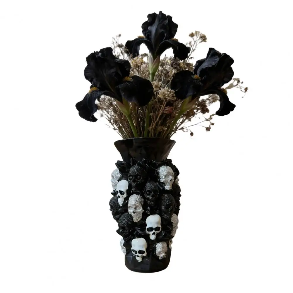 

Gothic Skull Flower Vase Ornament Spooky Black White Skull Dried Artificial Flower Holder Resin Container Home Office Table Cent