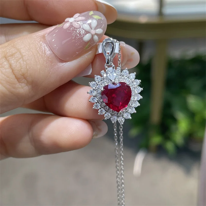 

ZFSILVER Trendy 925 Silver Cultivated Gem 9mm 3ct Sweet Red Heart Necklace For Charm Women Accessories Party Jewelry Gift P13422