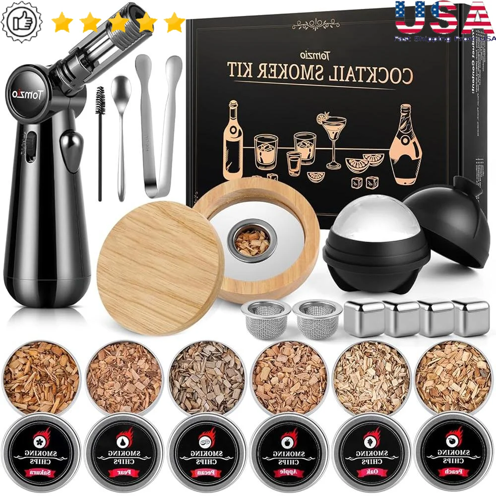 

Whiskey Smoker Kit Adjustable Torch Natural Wood Chips Cocktail Smoker Set 20 Accessories Drinks Meats Cheeses Barbecue
