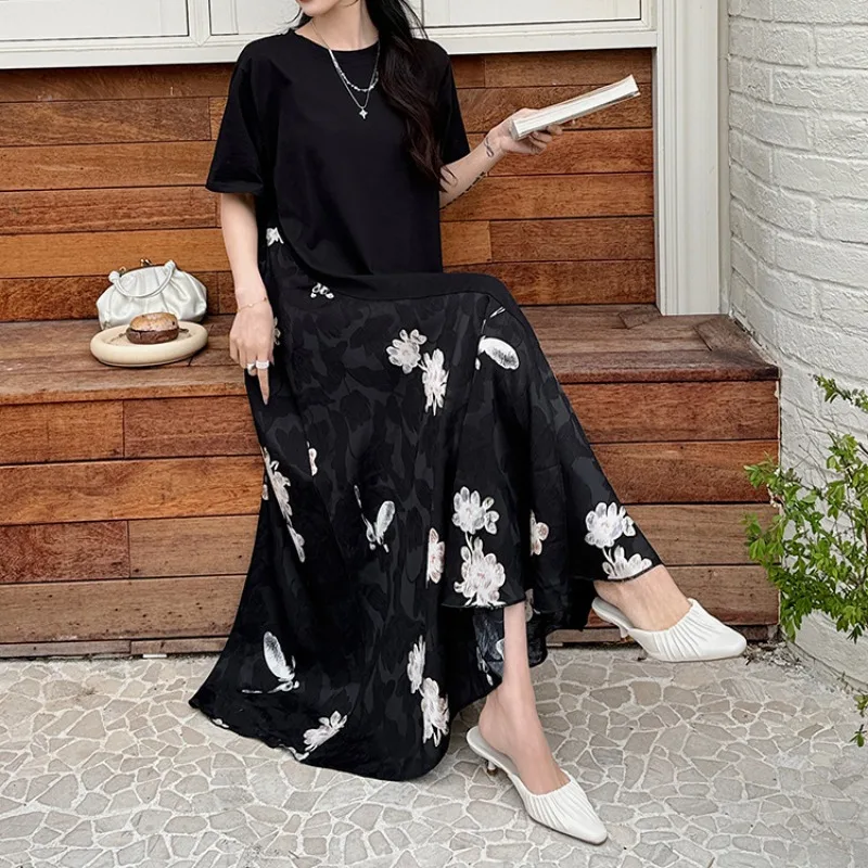 Abiti estivi da donna Edizione coreana Nuovo casual sciolto jacquard in raso stile cinese falso abito in due pezzi a maniche corte donna