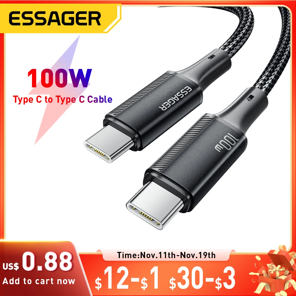 Essager PD 100W Type C to C Cable USB Type-C 5A Fast Charging Mobile Phone Cable For MacBook iPad Oneplus Xiaomi iPhone 15 Cable