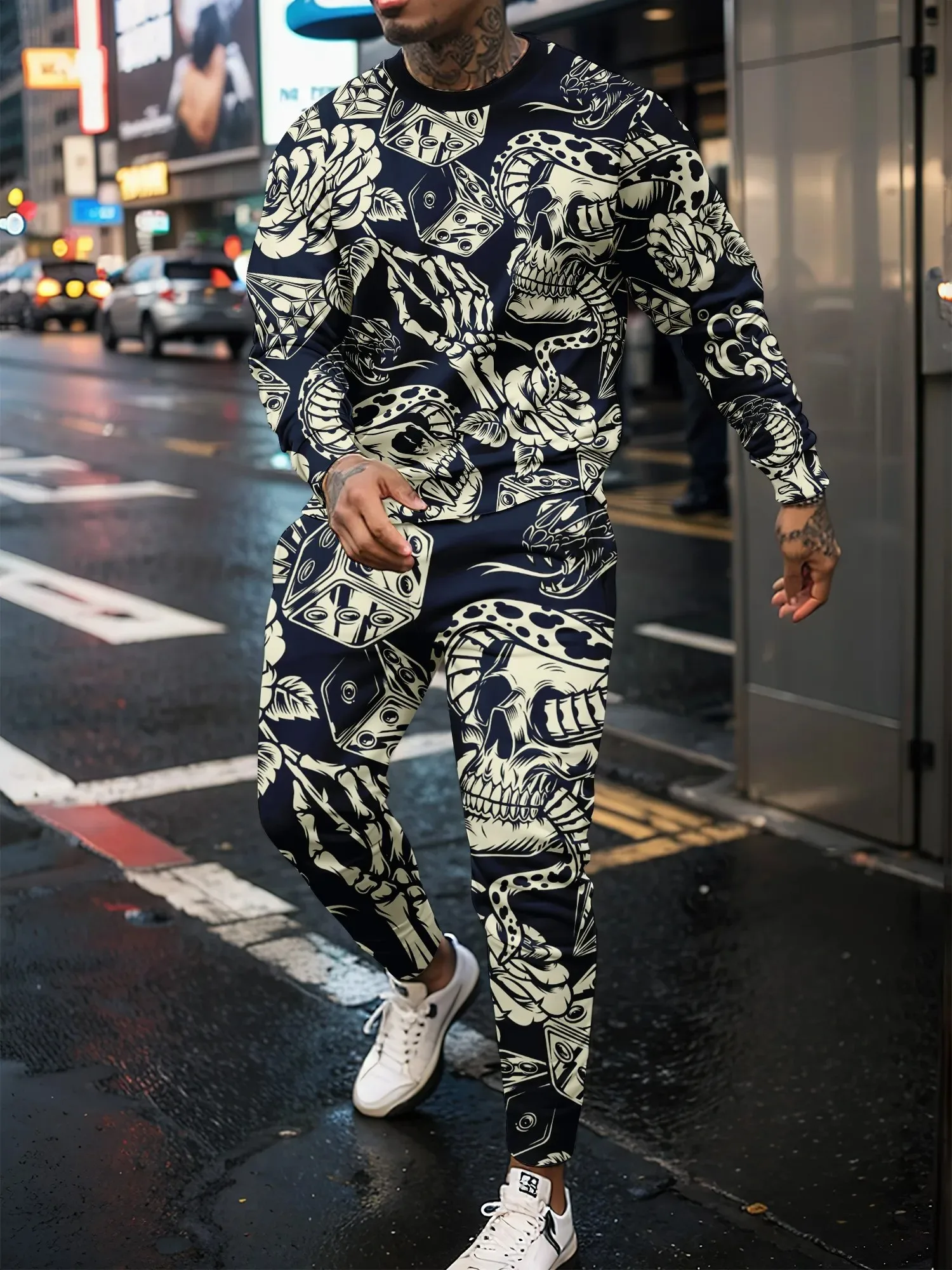 Men\'s Tracksuit Casual 3D Skull Print 2 Piece Sets Long Sleeve T-Shirt+pants 2pcs Set Fashion Outfits Oversized Unisex Clothing