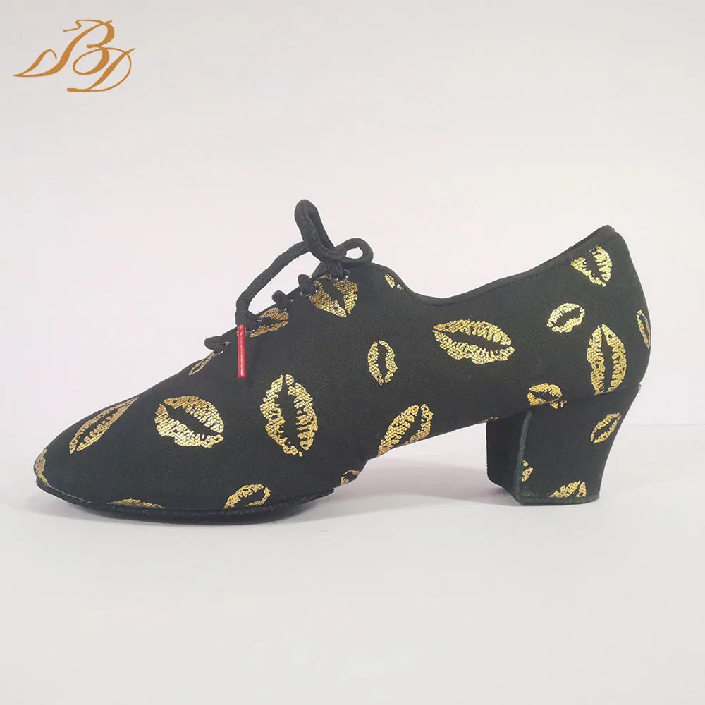 BD Dance Latin Dance Sandals Woman Practice Tango Shoes Sneakers Dance for Woman Perform Sports Fitness Adult Golden Lips T1-B