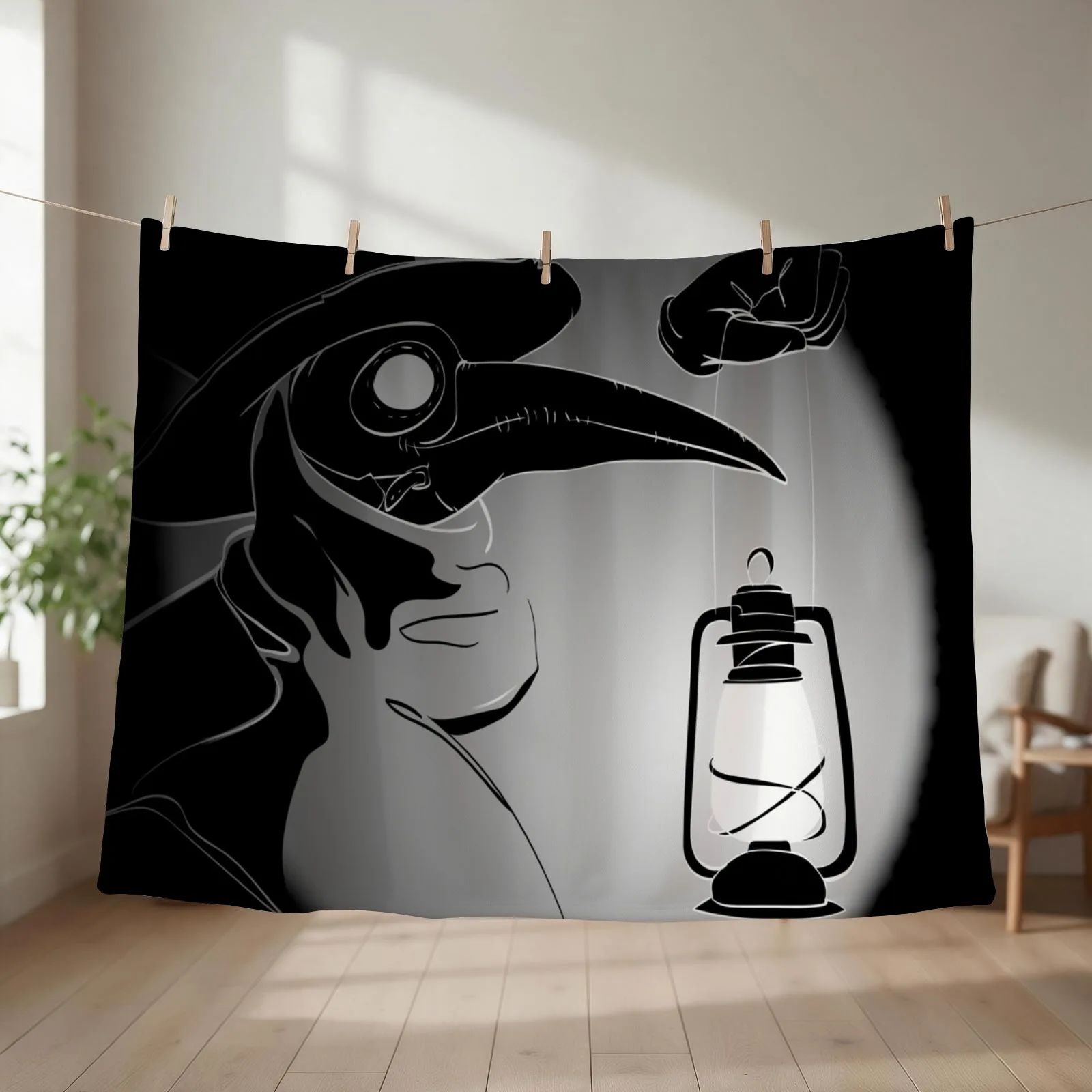 Plague doctor print, Plague doctor art, Plague Doctor Steampunk Horror Scary halloween decor, Throw Blanket