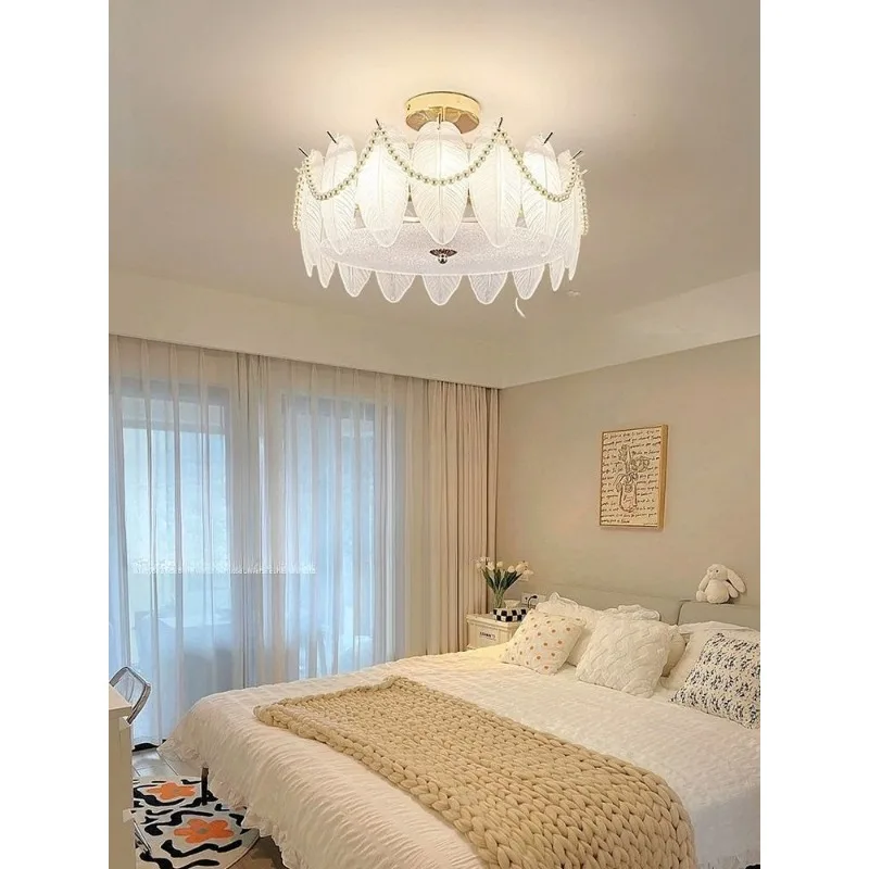 Modern Pearl Feather Glass Crystal Chandelier Luxury for Bedroom Dining Kitchen Home Decor Lighting Lamp Ceiling Light Led Lamp