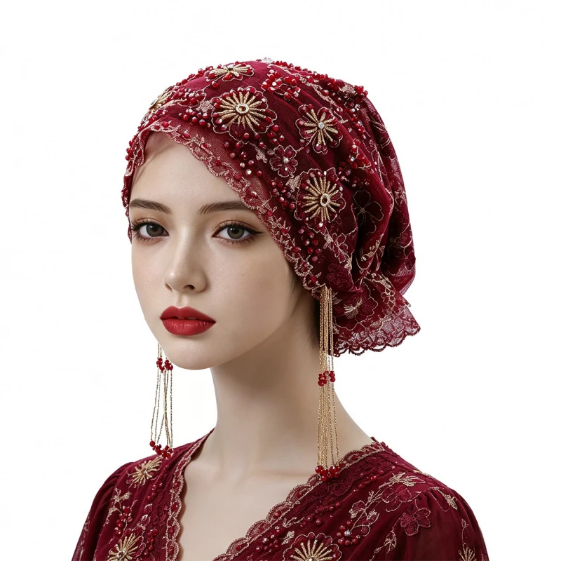 

Fashion Headwear Mesh Fabric Hand-embroidered Beaded Band Acrylic Turban Cap Dubai New Muslim Arab Prayer Hat Chemo Bonnet