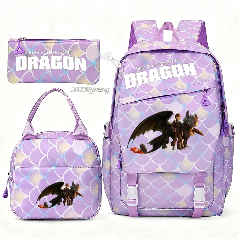 Toothless How to Train Your Dragon Backpacks 3pcs Fishtail Pattern Lightweight School Bags With Shoulder Bags Cartoon Travel Bag