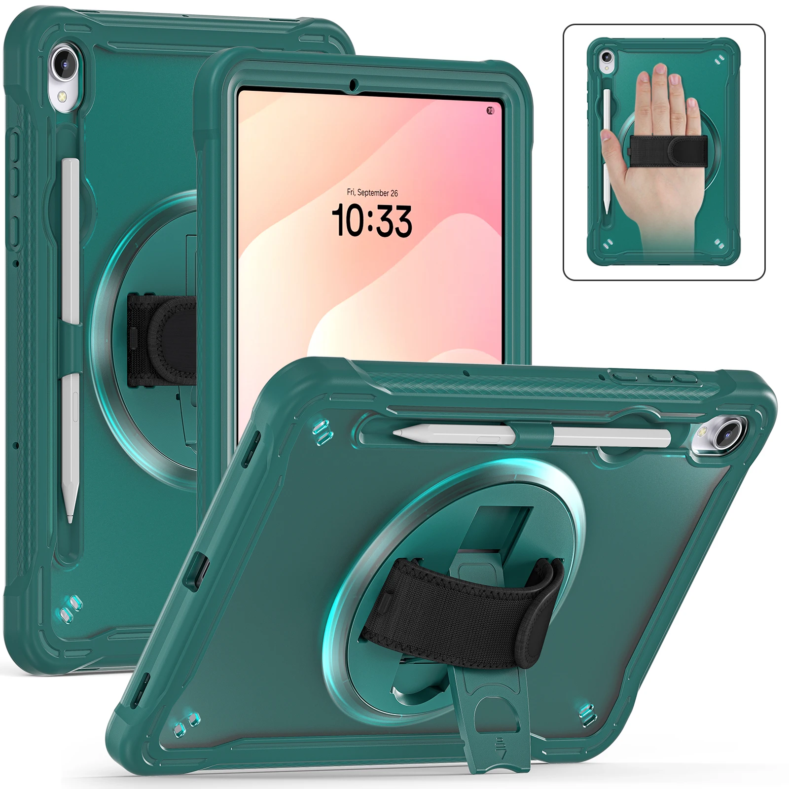 

For Samsung Galaxy Tab S11 Case Kickstand PC + TPU + Silicone Tablet Cover with Rotary Hand Strap - Midnight Green