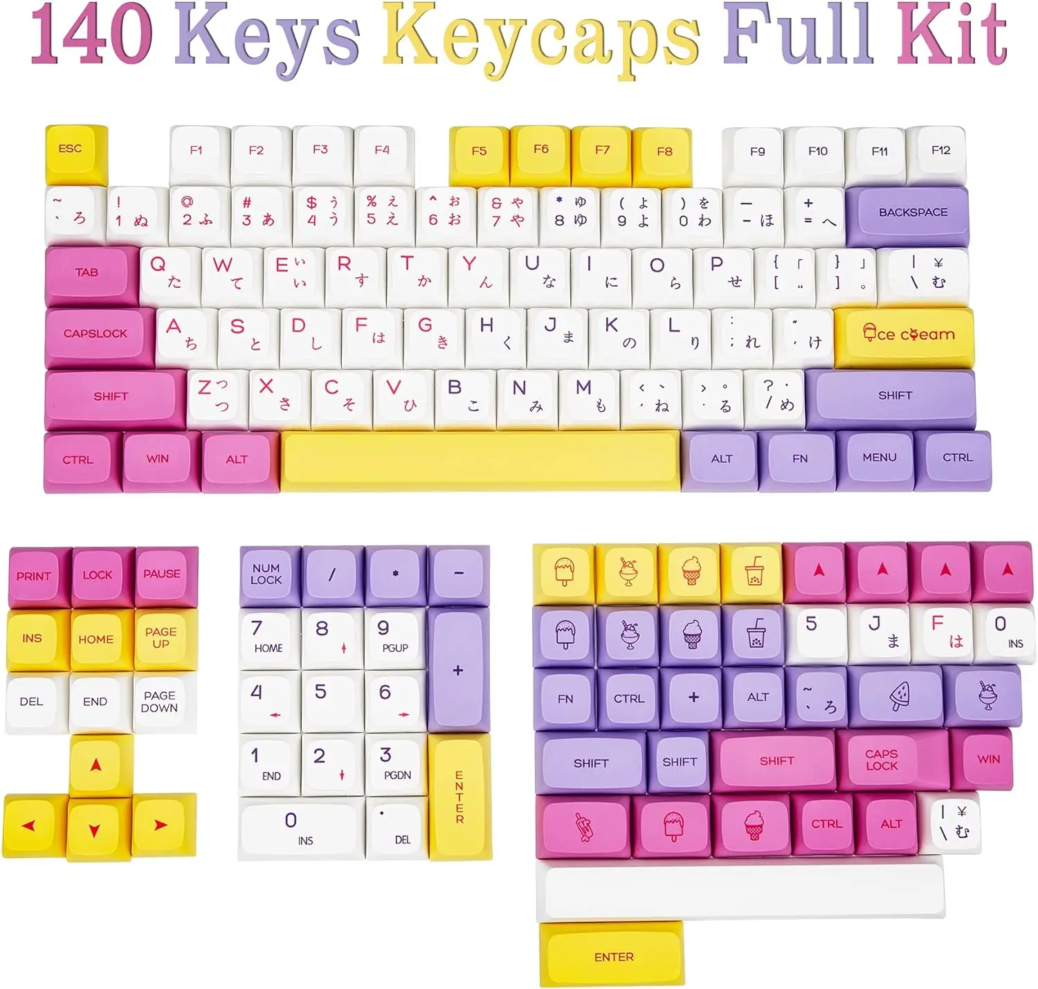PBT Keycaps XDA Profile 135 Keys Custom Cute Keycap Thermal Sublimation Process For Cherry/Gateron XM Switch (Ice Cream)