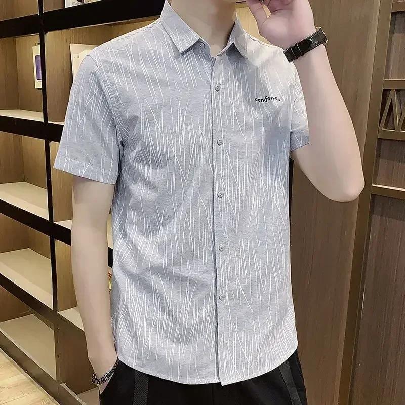 

Men's Shirt and Blouse for Office Graphic Clothes Striped Male Top Formal Short Sleeve Cool Fashion 2024 Asia Original Button I