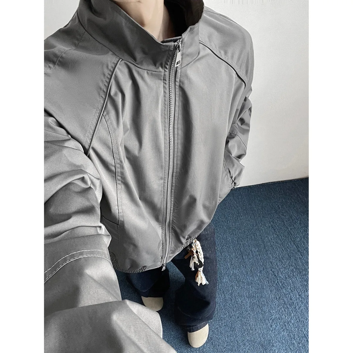 Black Deconstructed Shoulder Stand Collar Jacket Men's Spring American Three-Proof Moisture-Proof Baseball Uniform Workwear O...