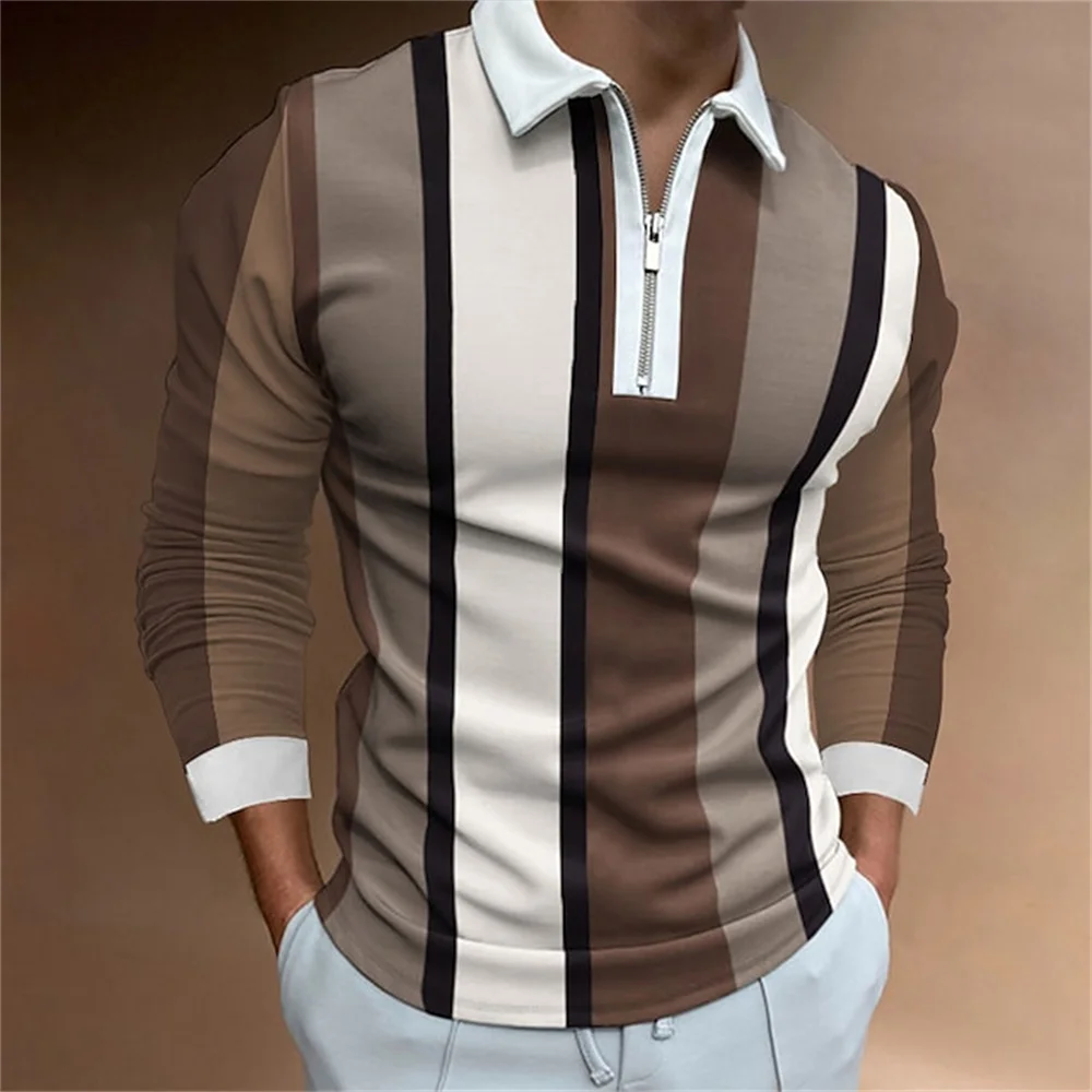 2024 Golf Wear Men Striped Print Microelastic Lapel Polo Shirts Men Top Porosity Fashion Zipper Long Sleeve T Shirt Men Clothing