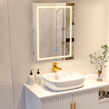 VOWNER 욕실 수납장 (LED 조명 및 거울 포함, 높이 조절 선반, 김 서림 방지, 3가지 색상 메모리 기능, 밝기 조절 기능) 8 best sales 욕실 세면대 수납장 - №1