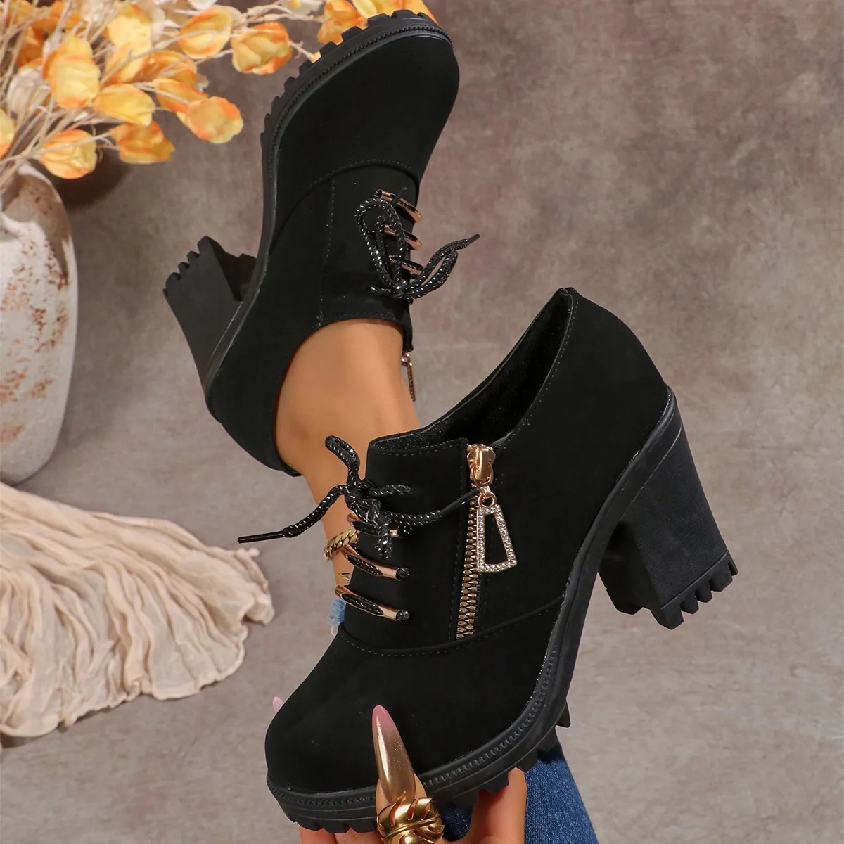 Women Spring/Autumn New Round Toe Thick High Heel Lace-Up Side Zipper Suede Ankle Boots Fashion outdoor Non-slip shoes Size35-43